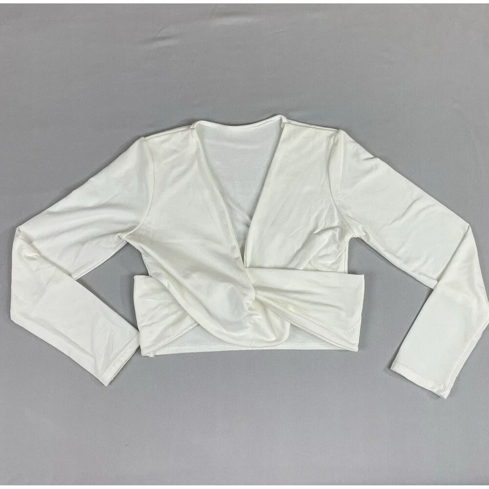 Wrap Crop Top Women’s Large Off White / Cream Ballet Core Long Sleeve Cross Body - Picture 1 of 11